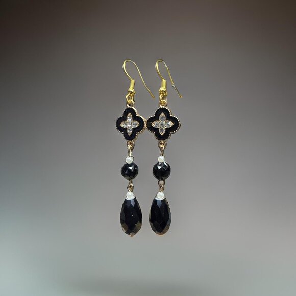 Earrings Dangle Black Obsidian Clover CZ gemstone Jewelry Event Gift New - Picture 6 of 8